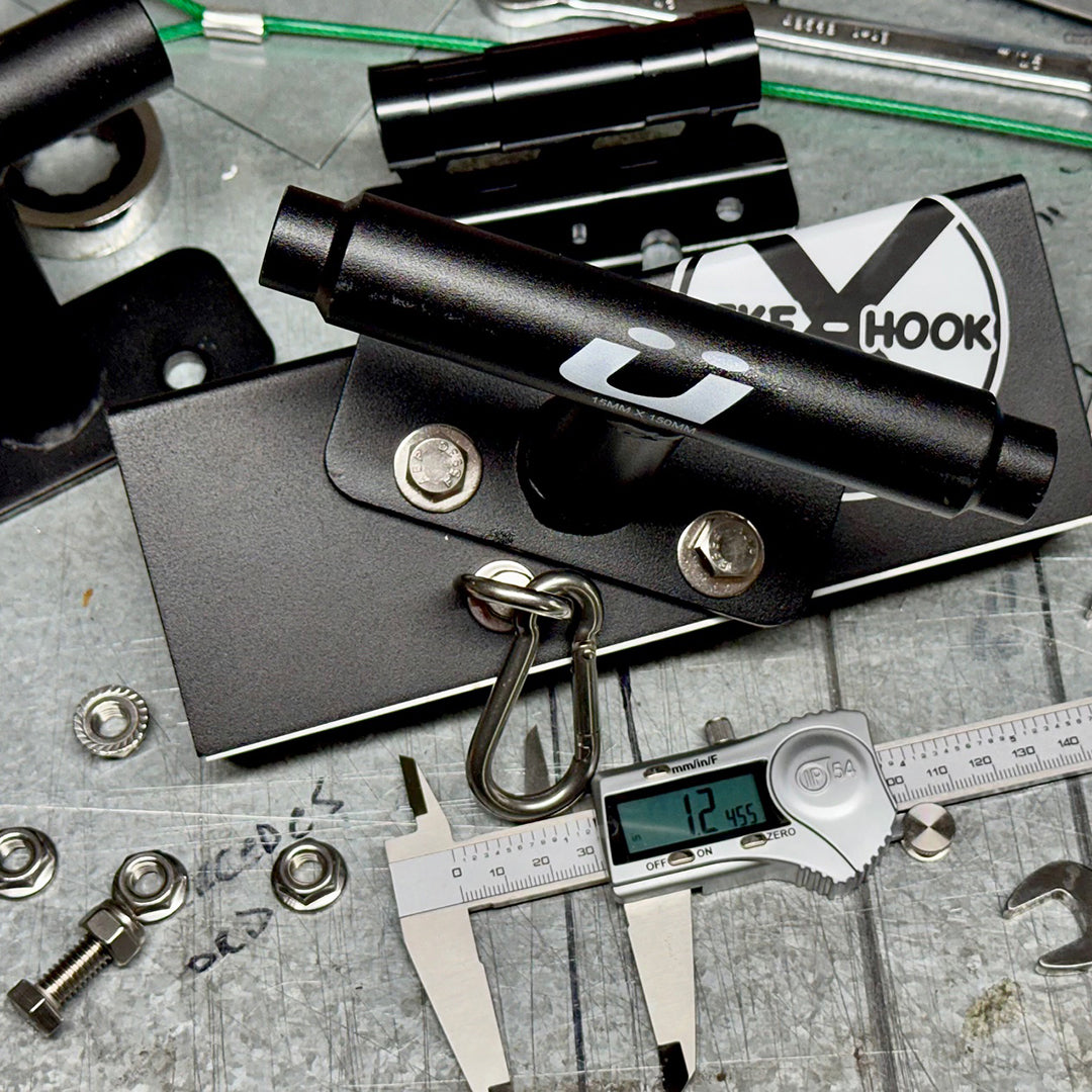 Close-up of stainless steel Bike-Hook mount and fork clamp