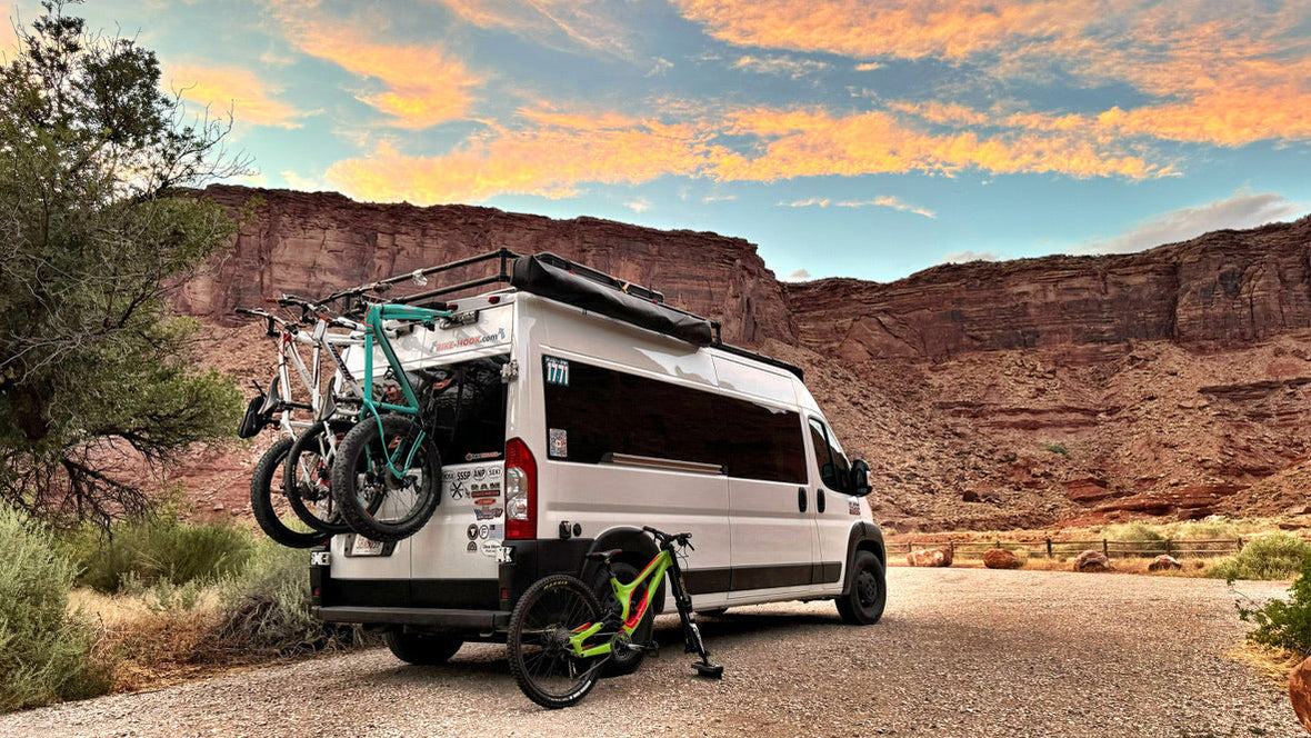Rear-mounted fork rack system on Fiat Ducato campervan