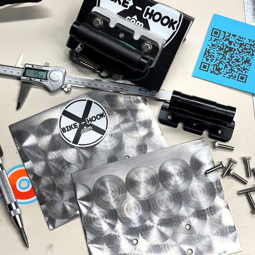 Close-up of stainless steel Bike-Hook mount and fork clamp