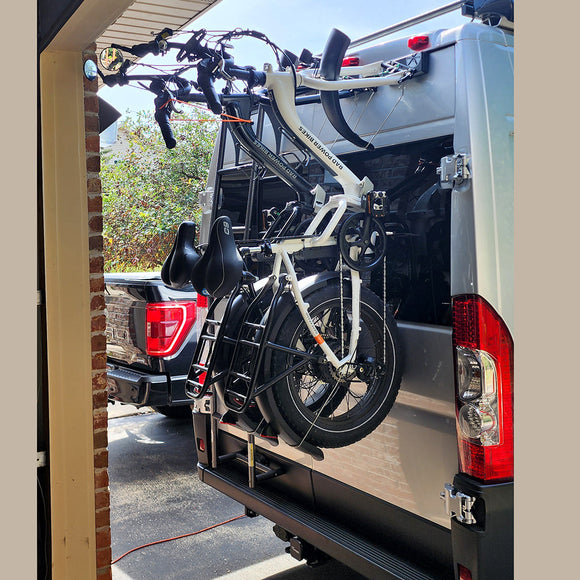 2 e-bikes on the rear door bike rack bike-hook