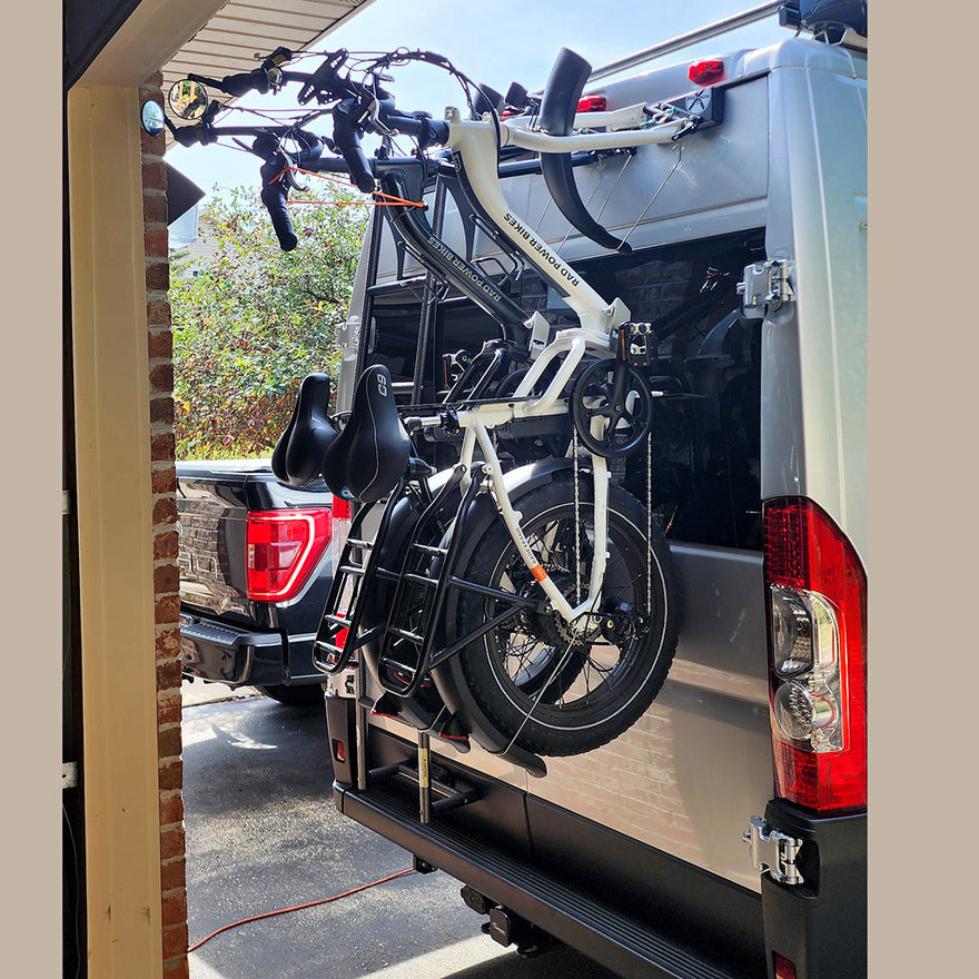 2 e-bikes on the rear door bike rack bike-hook