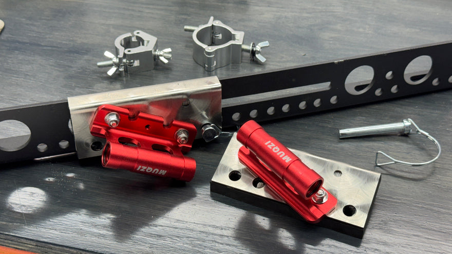 Bike-Hook Ladder Mount System components with aluminum truss clamps, mounting bar, fork mounts and safety pin