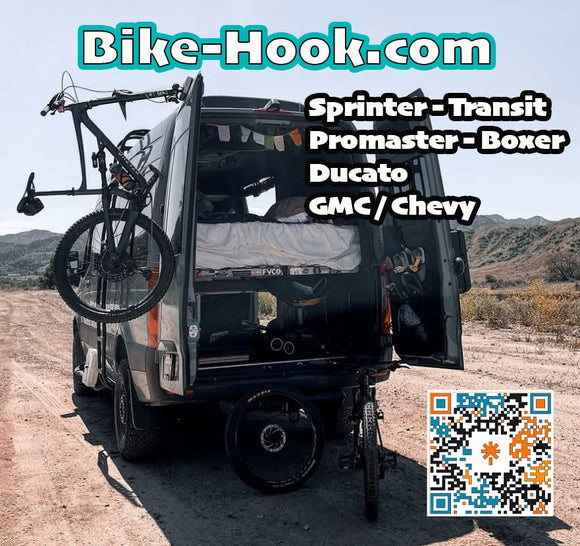 Bike-Hook bike carrier for Mercedes Sprinter installs directly to rear doors. Perfect for compact camper builds and vans with limited space. Fork mount works with road, MTB, gravel, and e-bikes. Hitch-free and ultra lightweight at under 3 lbs.


