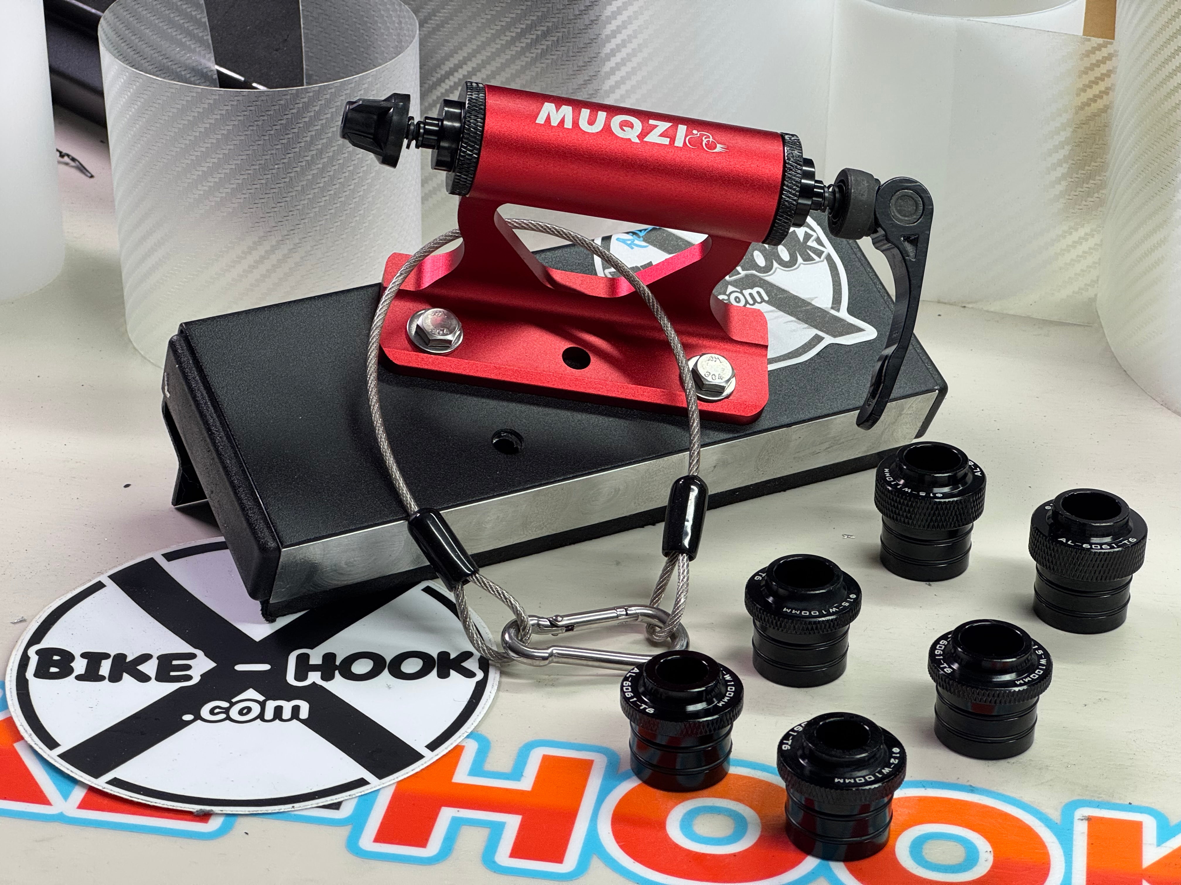 Fork mount bike rack installed on a Ford Transit rear door using the Bike-Hook system. Holds bikes vertically without drilling or a hitch, perfect for campervan travel.