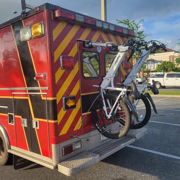 Bike-Hook rear door bike rack installed for easy ambulance bike transportation 
