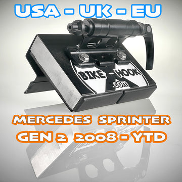 Fork-mount rear door bike rack for Mercedes Sprinter campervans. Quick install, rugged build—perfect for van life and off-grid biking.

