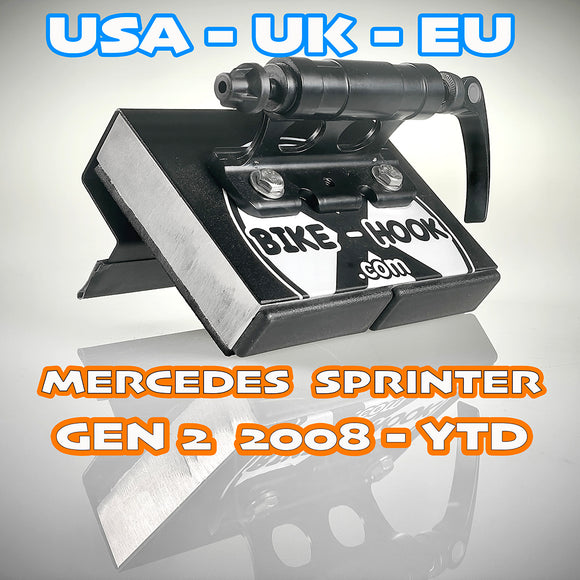 Fork-mount rear door bike rack for Mercedes Sprinter campervans. Quick install, rugged build—perfect for van life and off-grid biking.


