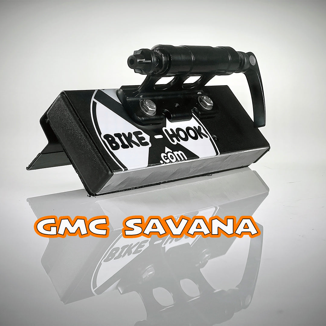 Rear of GMC Savana with Bike-Hook fork-mount bike rack installed for secure storage.