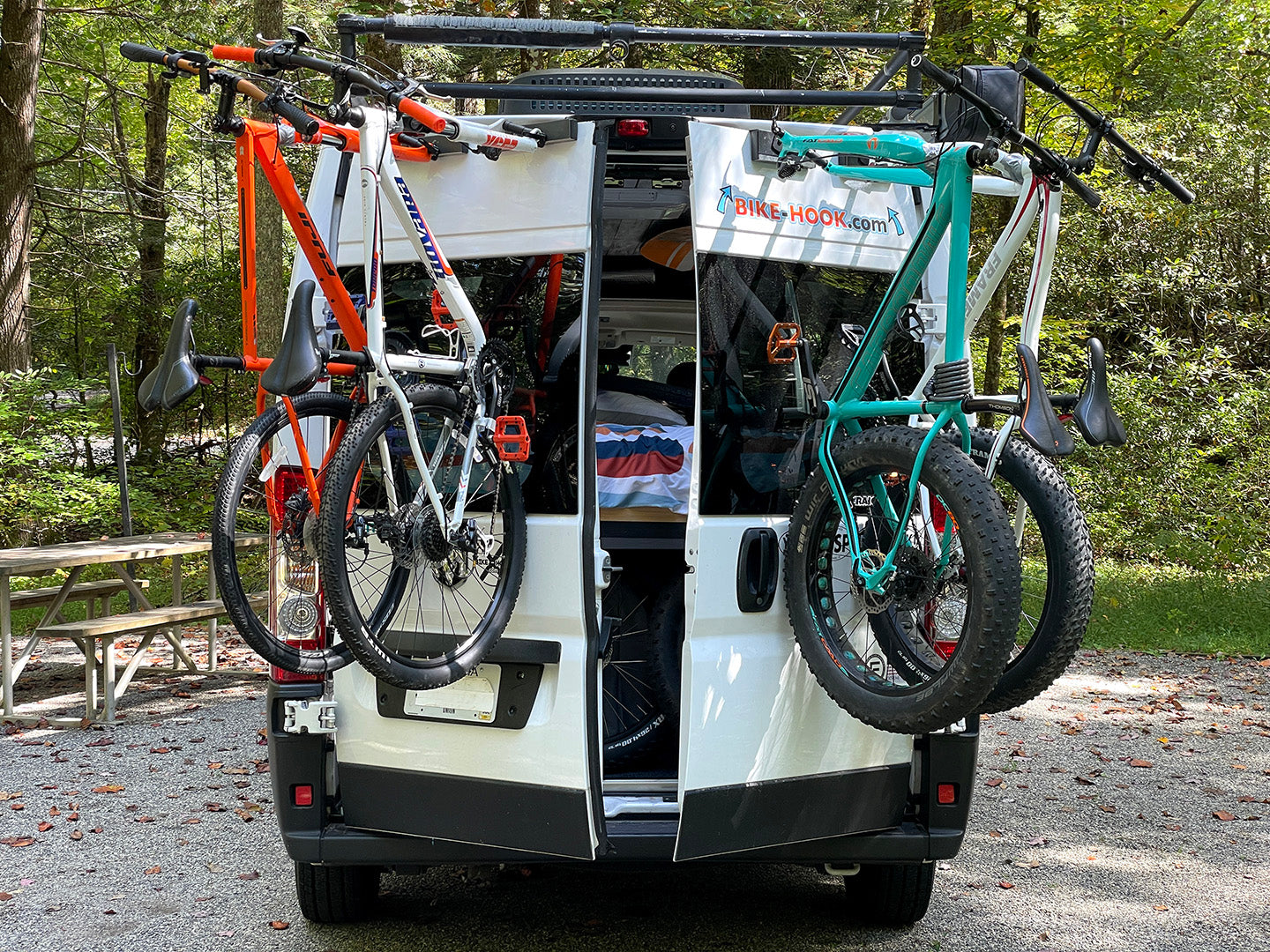 Close-up of a Bike-Hook mounted on a Fiat Ducato Peugeot Boxer campervan, demonstrating how to store a bicycle securely using a no-drill, low-profile mount.

