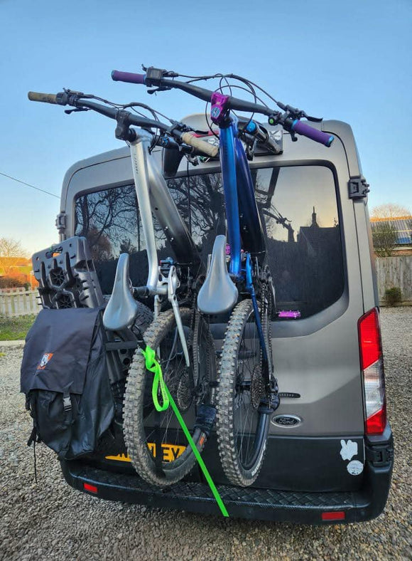 Bike-Hook bike carrier for Ford Transit installs directly to rear doors. Perfect for compact camper builds and vans with limited space. Fork mount works with road, MTB, gravel, and e-bikes. Hitch-free and ultra lightweight at under 3 lbs.

