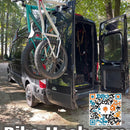 Adventure van with 3 bikes on rear doors using Bike-Hooks. Modular design lets vanlifers avoid bulky swing-away racks for e-bikes or mountain bikes.

