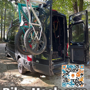 Adventure van with 3 bikes on rear doors using Bike-Hooks. Modular design lets vanlifers avoid bulky swing-away racks for e-bikes or mountain bikes.

