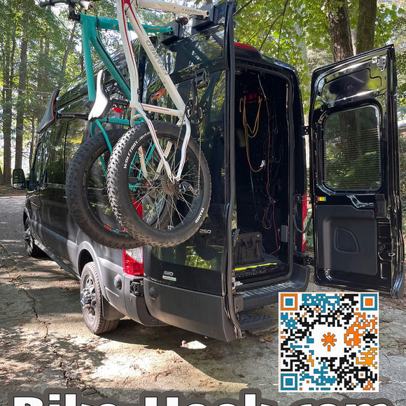 Adventure van with 3 bikes on rear doors using Bike-Hooks. Modular design lets vanlifers avoid bulky swing-away racks for e-bikes or mountain bikes.

